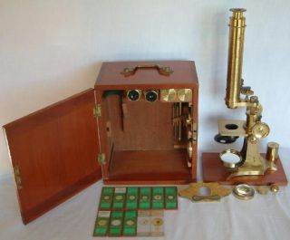 Cased Antique Brass Dolland Microscope With Slides photo