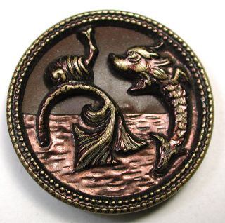 Antique Tinted Brass Button Sea Serpent W/ Snail On Its Tail Design photo
