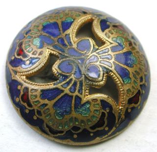 Antique French Enamel Button Pierced Dome Floral In Cobalt Aqua & Red photo
