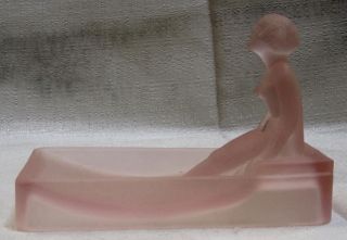 Art Deco Nymph Card Desk Tray Ashtray Soap Dish Frosted Pink All Glass Usa photo