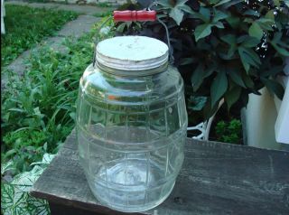 Antique Glass Barrel Lg Pickle Jar Red Wood Handle Wire Bail Tin Lid photo