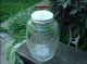 Antique Glass Barrel Lg Pickle Jar Red Wood Handle Wire Bail Tin Lid Primitives photo 1