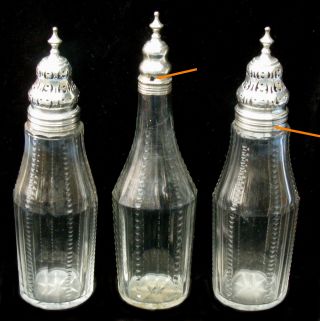 Three Matching Old Sheffield Plate & Cut - Glass Spice & Sauce Bottles,  1780s - 90s photo