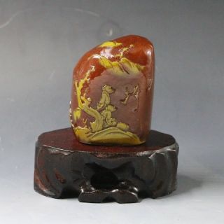 Hand - Carved Chinese Natural Shoushan Stone Seal W Old Man & Mountains photo
