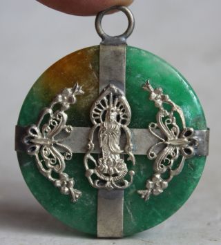 Chinese Miao Silver Green Jade Guanyin Kwan - Yin Goddess Necklace Pendant photo
