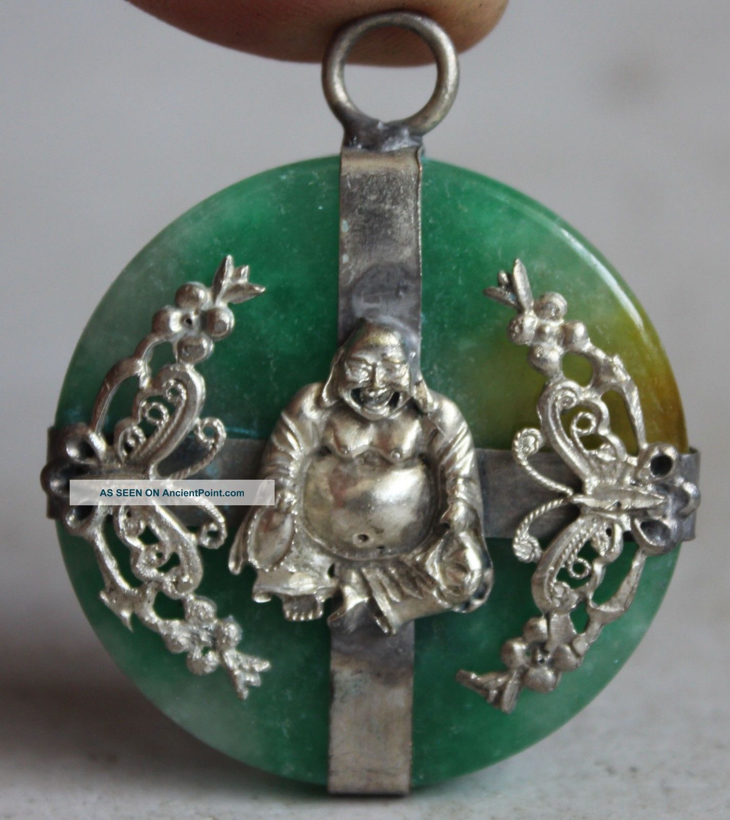 Chinese Miao Silver Green Jade Happy Laugh Maitreya Buddha Necklace Pendant Necklaces & Pendants photo