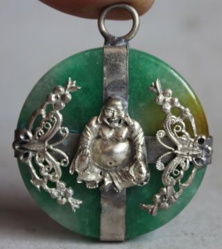 Chinese Miao Silver Green Jade Happy Laugh Maitreya Buddha Necklace Pendant photo