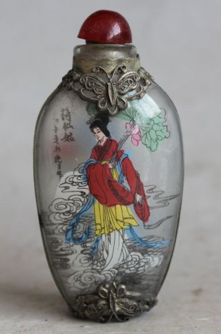 Chinese Miao Silver Glass Inside Painting 8 Immortal God He Xiangu Snuff Bottle photo