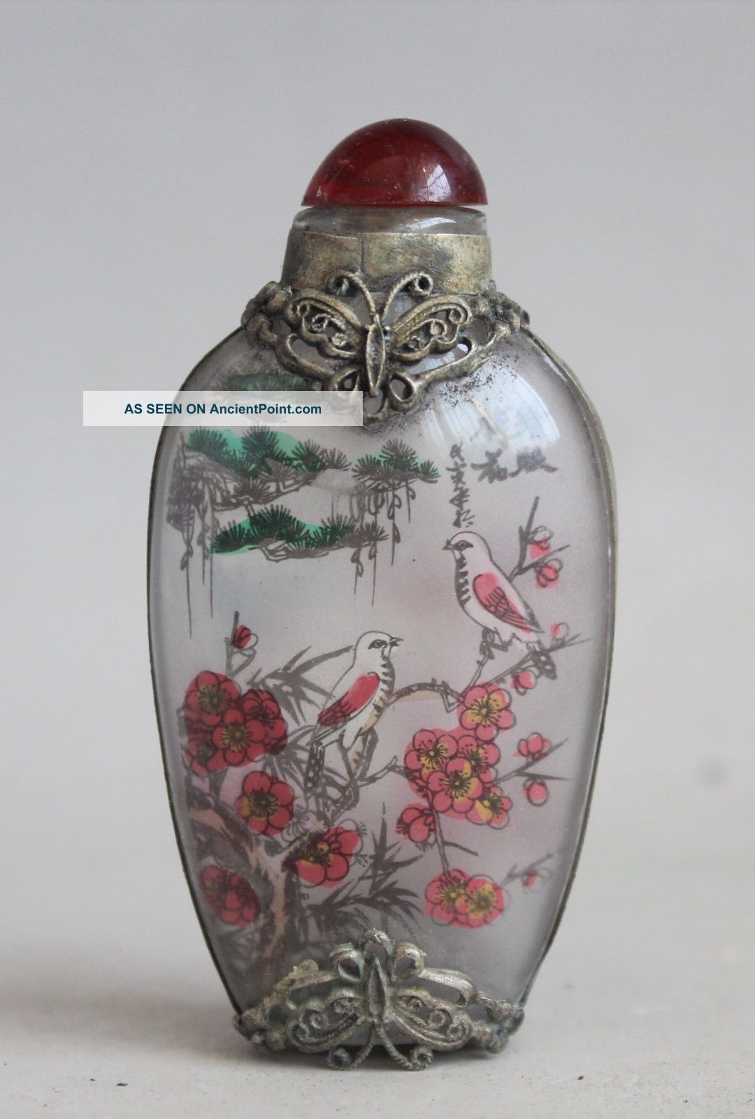 Chinese Miao Silver Glass Inside Painting Butterfly Flower Bird Snuff Bottle Snuff Bottles photo