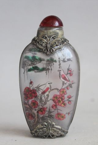 Chinese Miao Silver Glass Inside Painting Butterfly Flower Bird Snuff Bottle photo