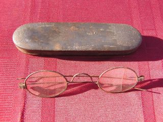 Antique 1800s Brass Wire Bottle Cap Spectacles Eyeglasses W/ Metal Case photo