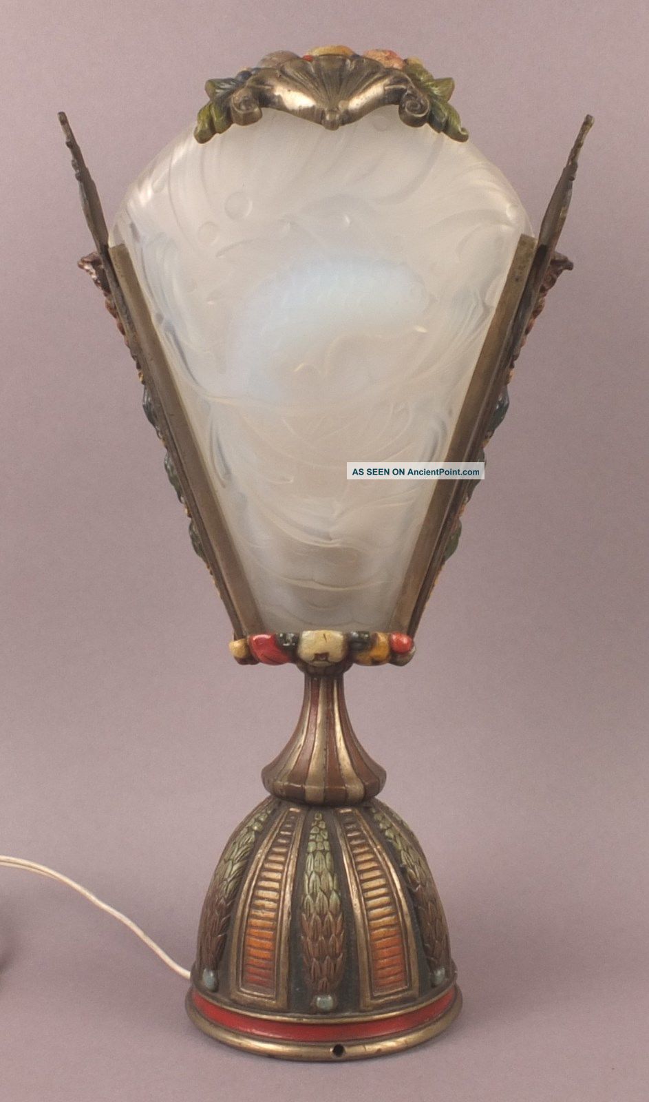 Splendid Art Deco Cold Painted Bronze & Moulded Glass Shades Lamp With Dolphins Other Antique Glass photo