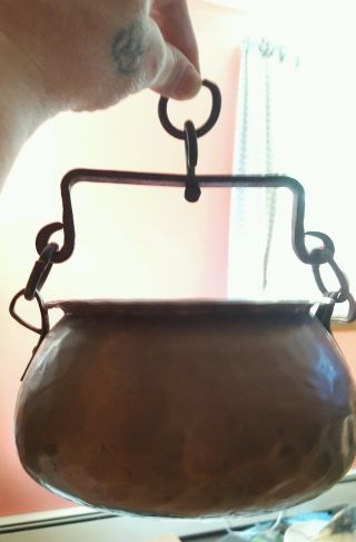 Antique Exquisite Solid Copper Cooking Pot W/wrought Iron Handle & Hanging Ring photo