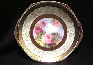 Noritake Hand Painted Double Handle Cake Plate Large Pink/yellow Roses Gold Trim photo