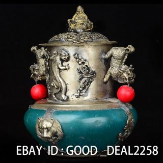 Rare Exquisite Red Jade Silver Coper Lion & Kirin & Buddha Lid Incense Burner photo