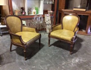 2 Mid Century Arm Chairs With Nailhead Trim,  Bonded Leather 32x25x29 