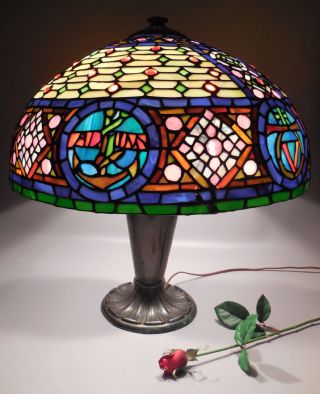 Tiffany Style Leaded Stained Glass Lamp W/jewels Many Colors 22 Inch Dia.  Shade photo