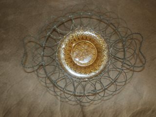 Antique Eapg Pattern Glass Yellow Plate In Wire Basket Holder Victorian photo