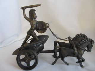 Antique Bronze Metal Roman Horse Drawn Gladiator Warrior Chariot Statue Figure photo