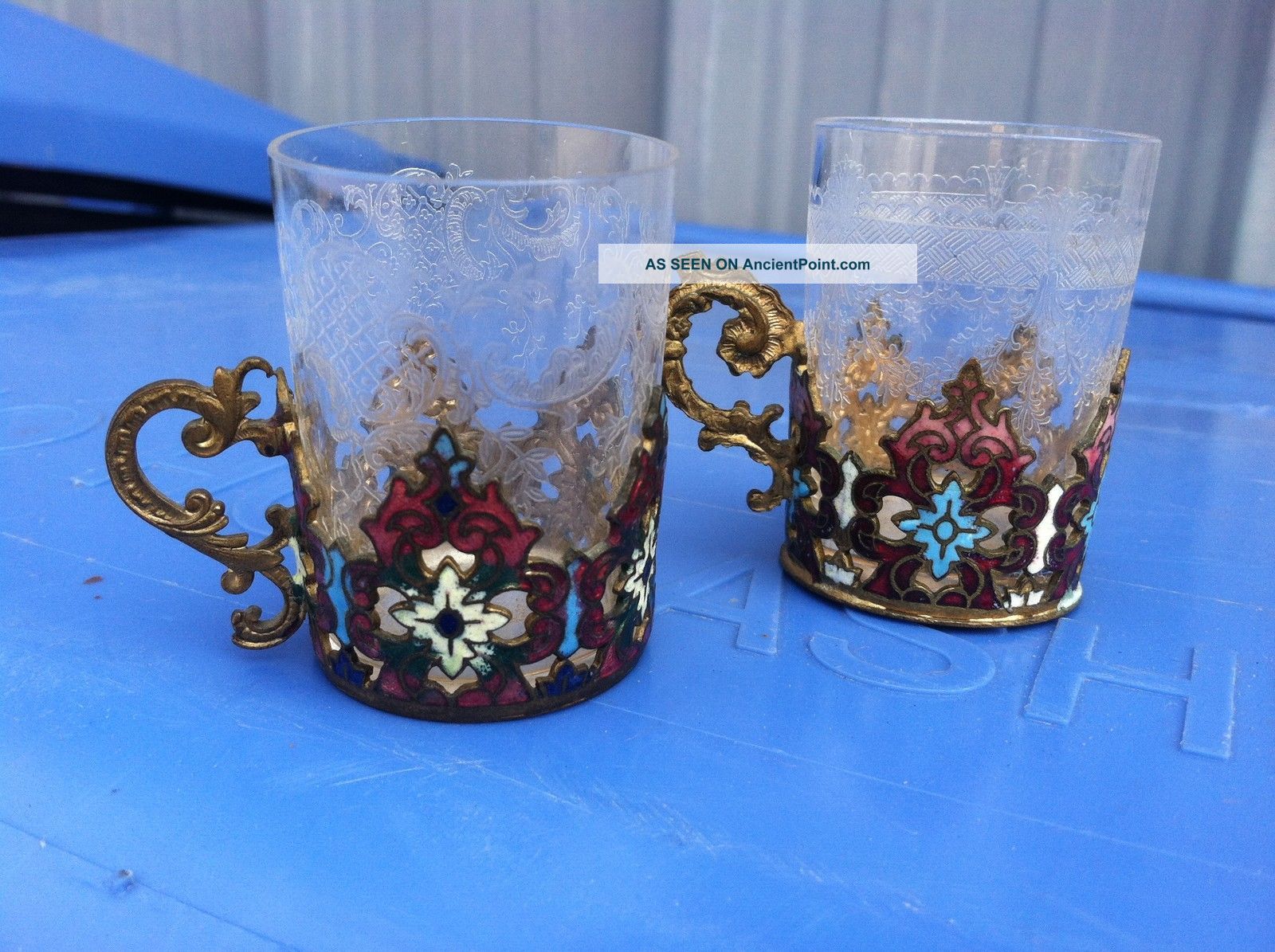 Antique 19th C French Bronze Champleve Pair Liquor Cup Holders Etched Glasses Metalware photo