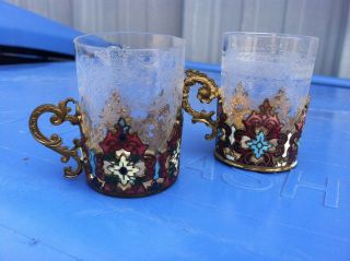 Antique 19th C French Bronze Champleve Pair Liquor Cup Holders Etched Glasses photo