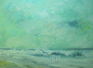 Listed American Artist Seagulls Painting Seascape Homage To Boudin photo