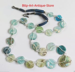 Silver 925 Necklace Ancient Aqua Green Round Roman Glass Bead Beads 100 Bc Vtg S photo