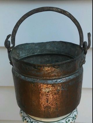 Antique Primitive Copper Bucket With Wrought Iron Handle & Bail Loops photo