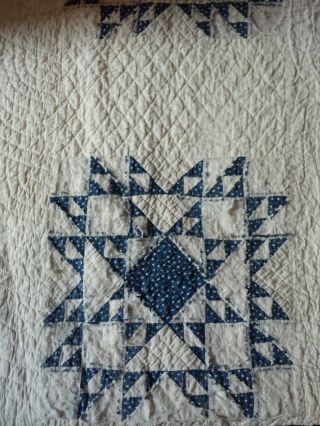 Old Vintage Antique Indigo Blue Calico Fabric Handmade Quilt Cutter Textile Aafa photo