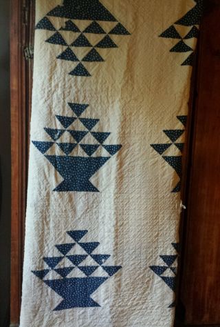 Old Vintage Antique Indigo Blue Calico Fabric Handmade Quilt Cutter Textile Aafa photo