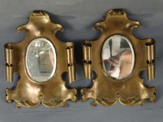 (2) Antique 19thc Victorian French Rococo Style Rolled Brass Hanging Wall Mirror photo