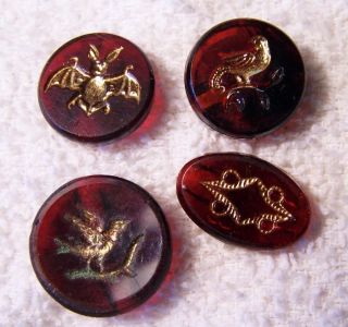 Antique Victorian Ruby Red Glass Buttons Bird Designs In Gold Self Shank photo