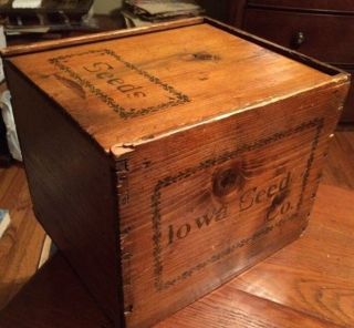 Antique General Store Display Seed Box Iowa Seed Co Slide Top Dovetailed Vtg photo