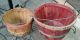 2 Vintage Bushel Splint Wood Fruit Apple Baskets Red And Green Bands 420 8 Quart Primitives photo 2
