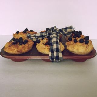 Handmade Blueberry Muffins In Rusty Pan - Farmhouse Fake Food Kitchen Decor photo