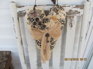 Primitive Quilted Heart Grungy Cheese Cloth Bow Door Greeter Wall Hanger Tuck photo