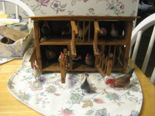 Late 1800s Early 1900s German Chicken Coop With Fourteen Composition Chickens photo