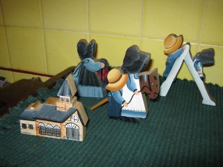 Cute Group Of Four Carved Amish Wood Figures,  Children W/ Hobby Horse,  Slide, photo