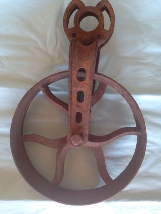 Unique Antique Industrial Large Cast Iron Pulley Wheel & Bracket Steampunk Art photo