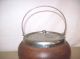 Antique Wooden Biscuits Jar With Metal Lid And Handle And Stoneware Inside Crocks photo 2