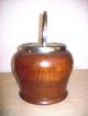 Antique Wooden Biscuits Jar With Metal Lid And Handle And Stoneware Inside Crocks photo 5