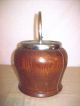 Antique Wooden Biscuits Jar With Metal Lid And Handle And Stoneware Inside Crocks photo 6