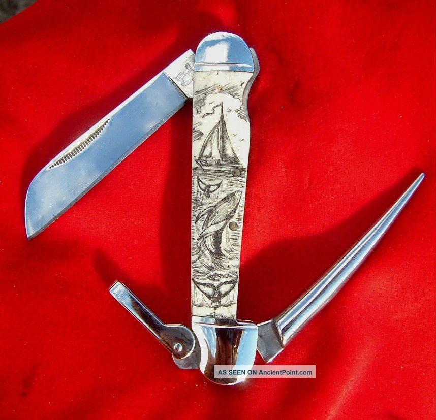 Double Sided Nautical Shar Scrimshaw Marlin Spike,  Folding Knife/knives Scrimshaws photo