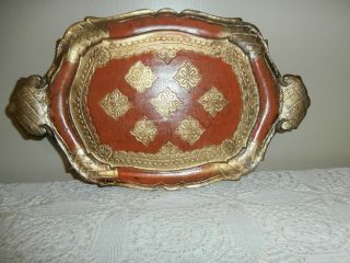 Vintage Mid Century Hollywood Regency Italian Hand Painted Wooden Tray Gold Ex. photo