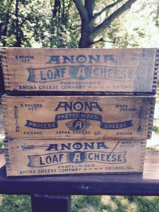 3 Vtg Old Wooden Cheese Boxes Anona Chicago Ill 5 Pound Crate Dove Tailed Prim photo