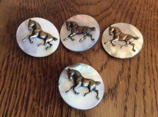 4 Antique Mother Of Pearl Metal Bronze Horse Shank Buttons 1 1/2 