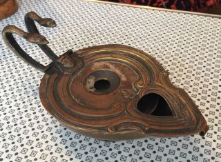 Antique Art Deco Whale Oil Betty Lamp With Egyptian Sphinx Serpents photo