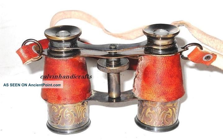 Antique Brass Binoculars - Vintage Binoculars,  Old Binoculars - Red Leather Bound Telescopes photo