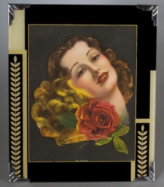 Antique Art Deco 1930s Reverse Painted Easel Back Frame Vintage Machine Age Rare photo