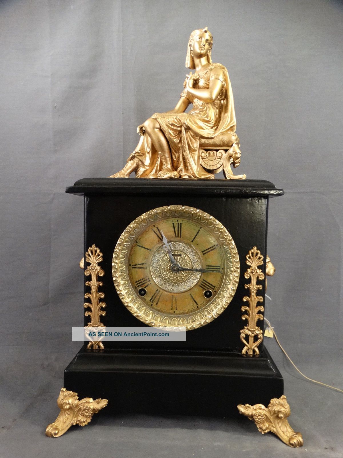 19thc Antique Egyptian Revival Figural Lady Goddess & Lion Statue Mantel Clock Clocks photo